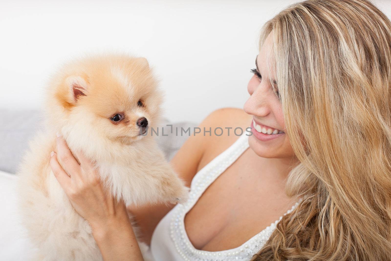 young woman playing with her tinny dog at home