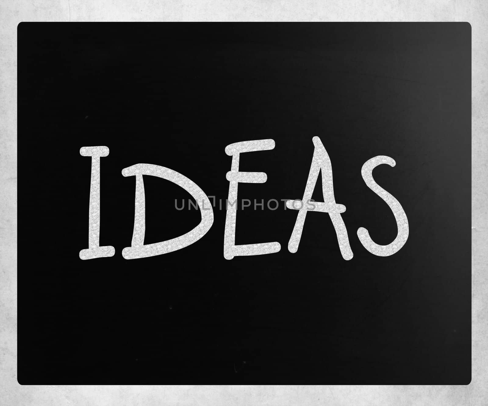 "Ideas" handwritten with white chalk on a blackboard