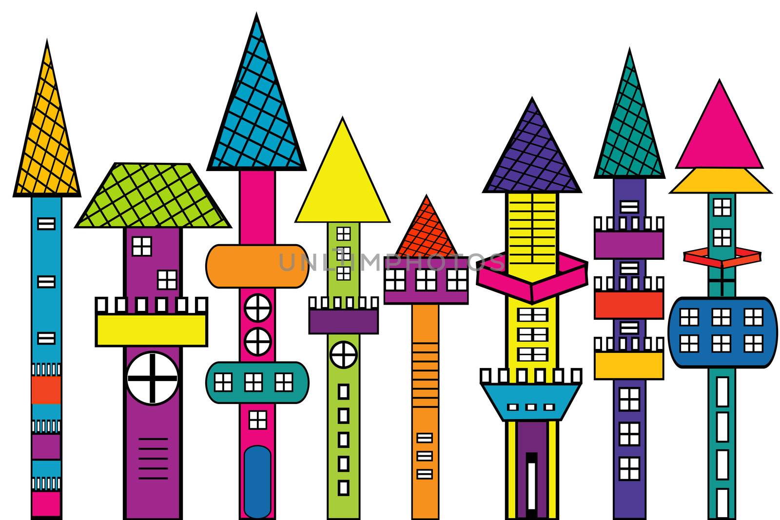 Doodle castle, stylized colored houses by hibrida13