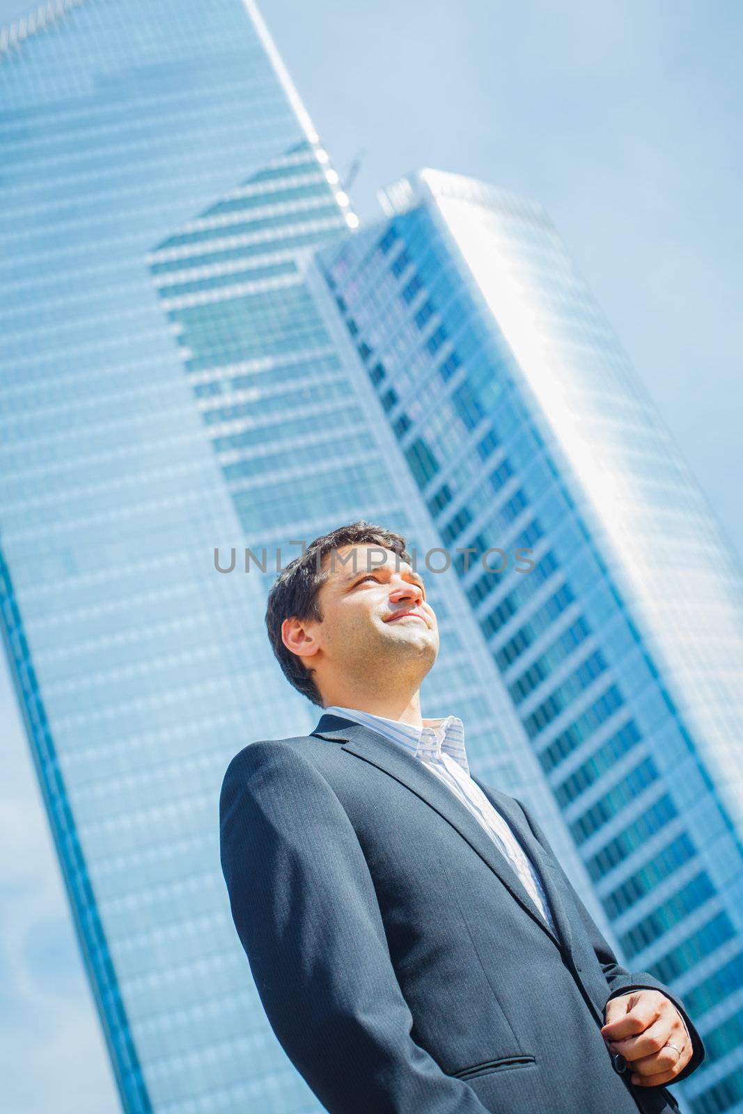 business man in business center looking to the future