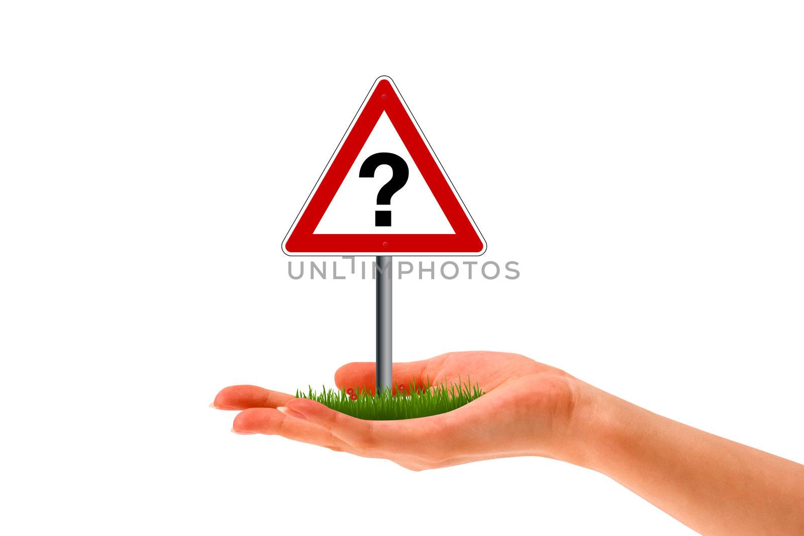 Hand holding holding a question mark street sign. 