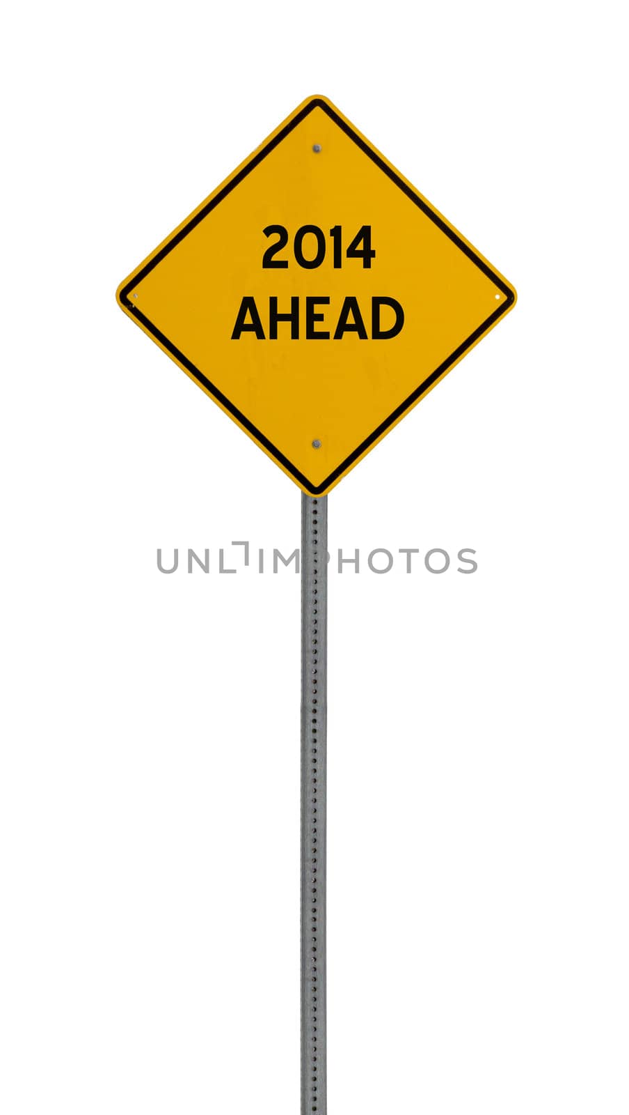 2014 ahead - Yellow road warning sign by jeremywhat