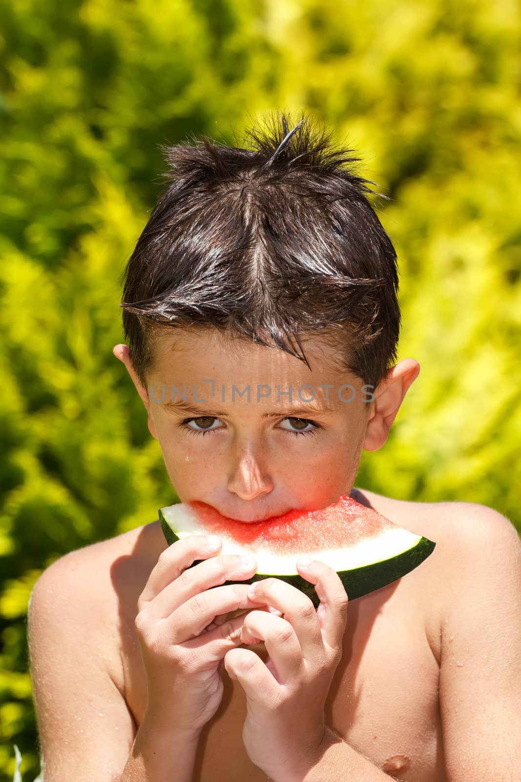 wet boy with watermelon in the garden after swimming