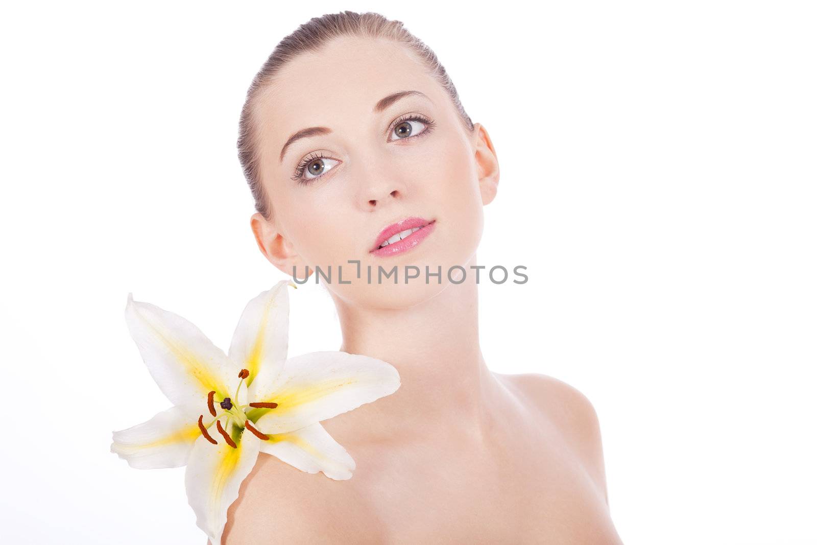 young beautiful woman portrait with white flower by juniart