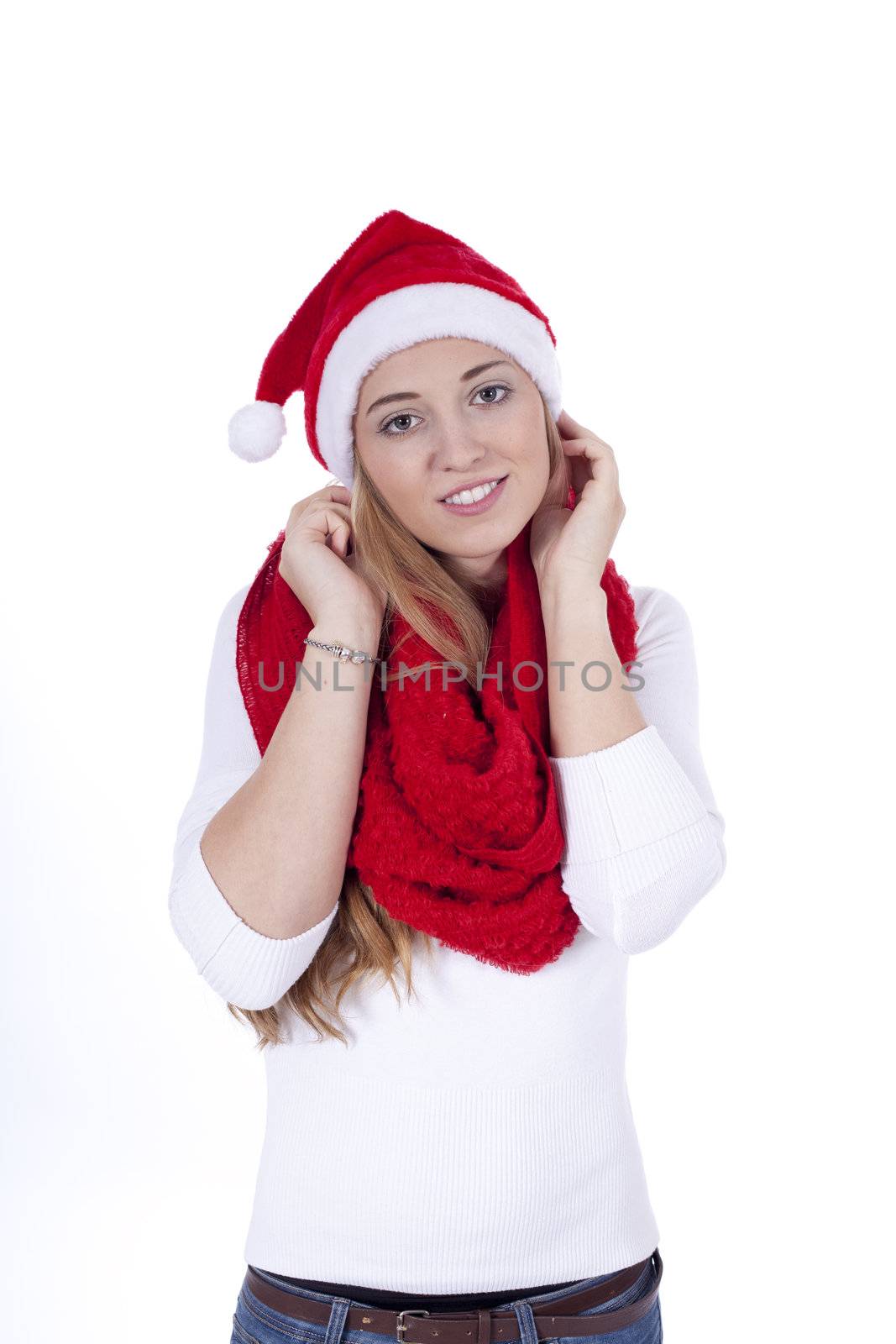 young beautiful woman with red scarf and christmas hat isolated