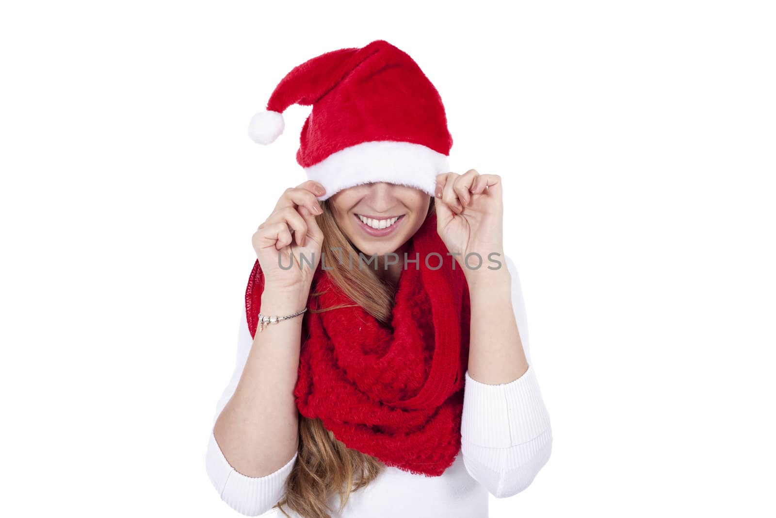 young beautiful woman with red scarf and christmas hat isolated