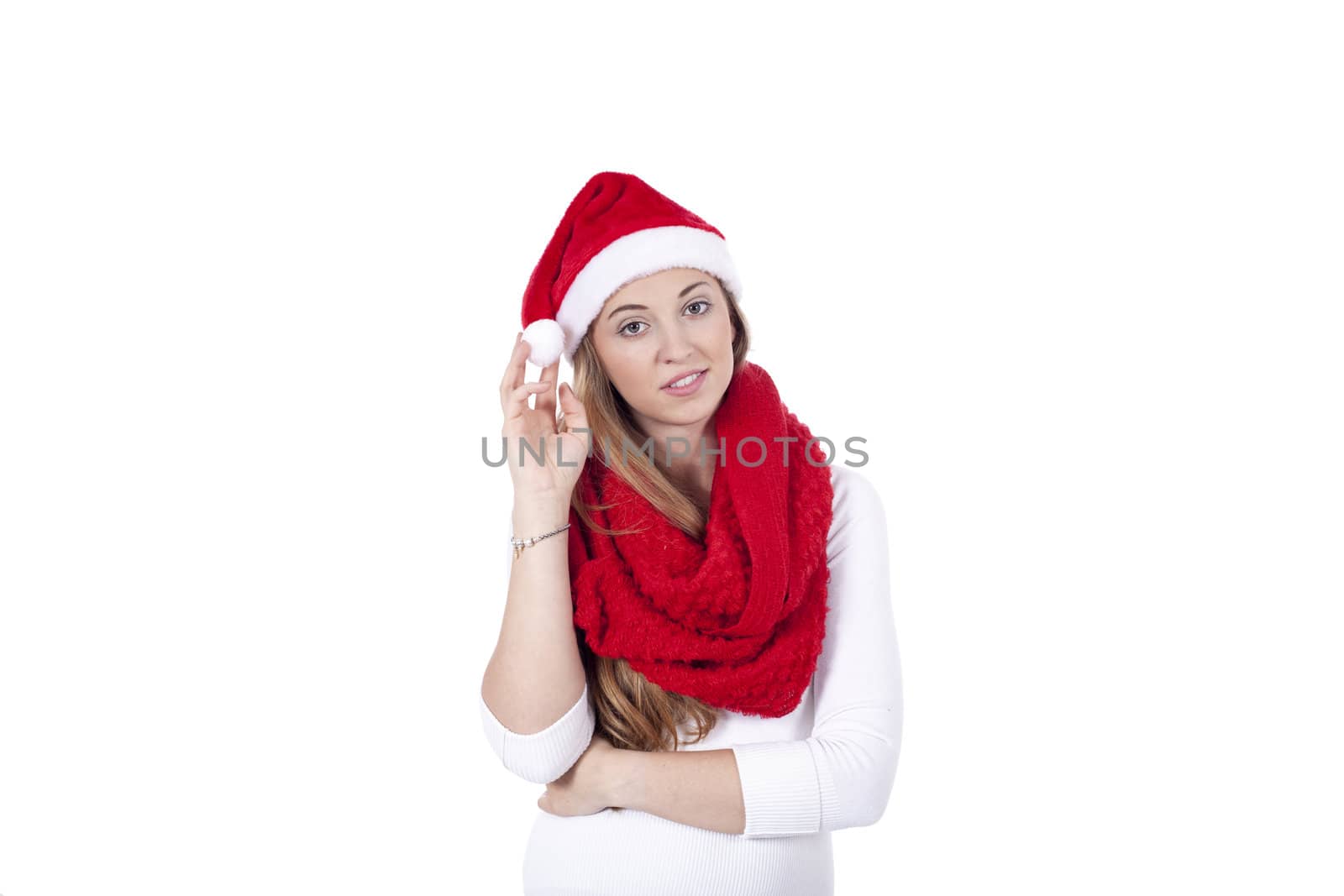 young beautiful woman with red scarf and christmas hat isolated