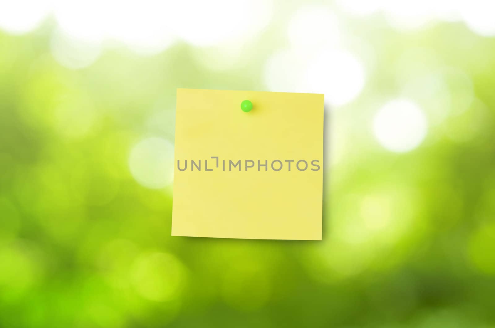Sticky note over window with green view