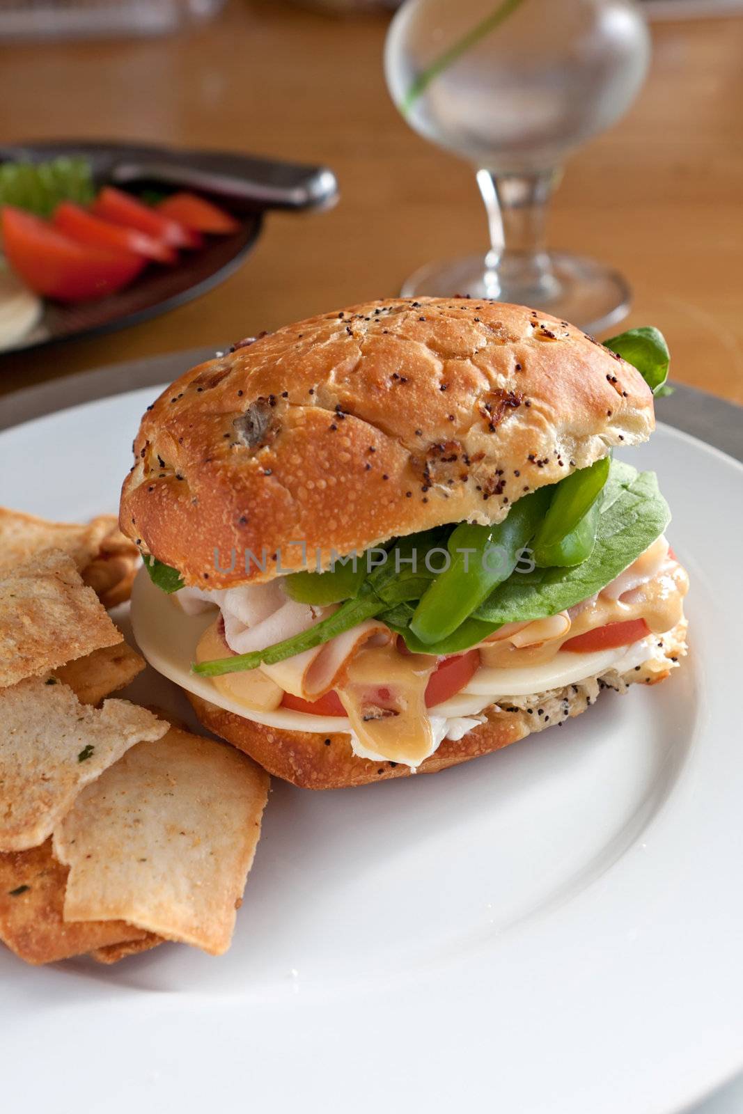 Large turkey sandwich with provolone cheese on an onion roll with fresh ingredients and a side of pita chips in front of a white background.