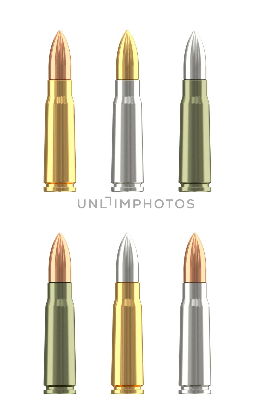 Set of different rifle ammunition cartridges isolated on white. High resolution 3D image