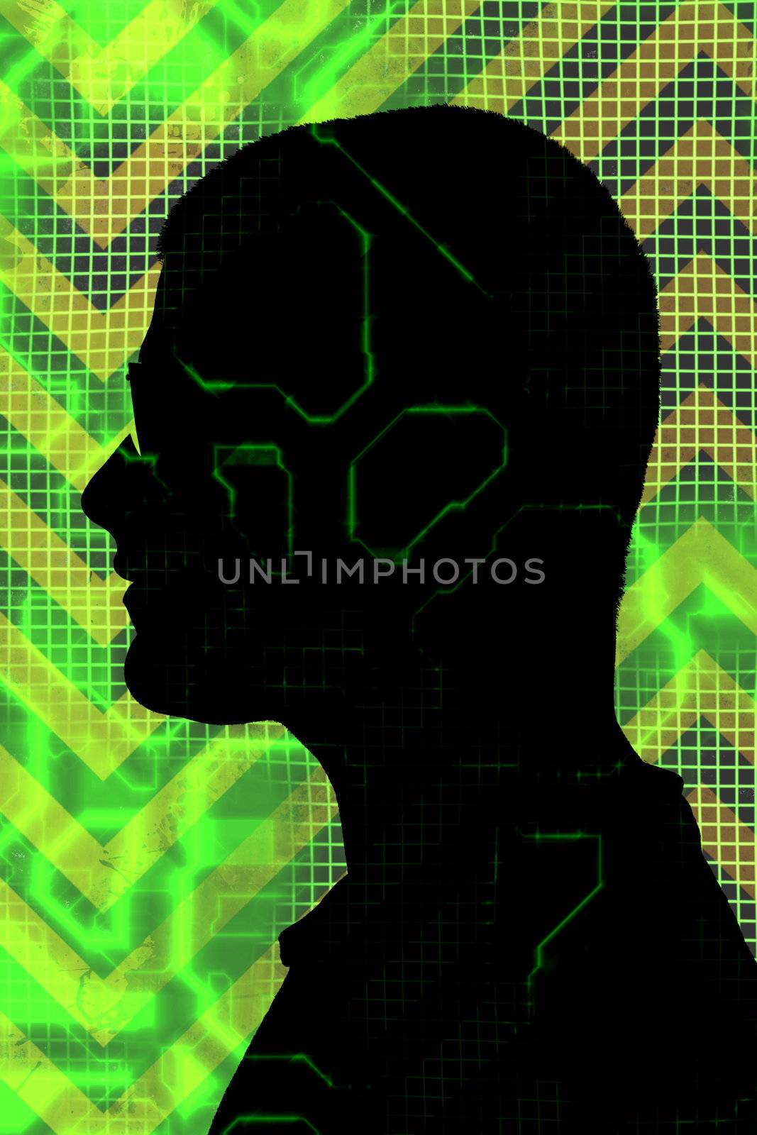 Male profile silhouette overlayed with digital circuitry and green electronic accents.