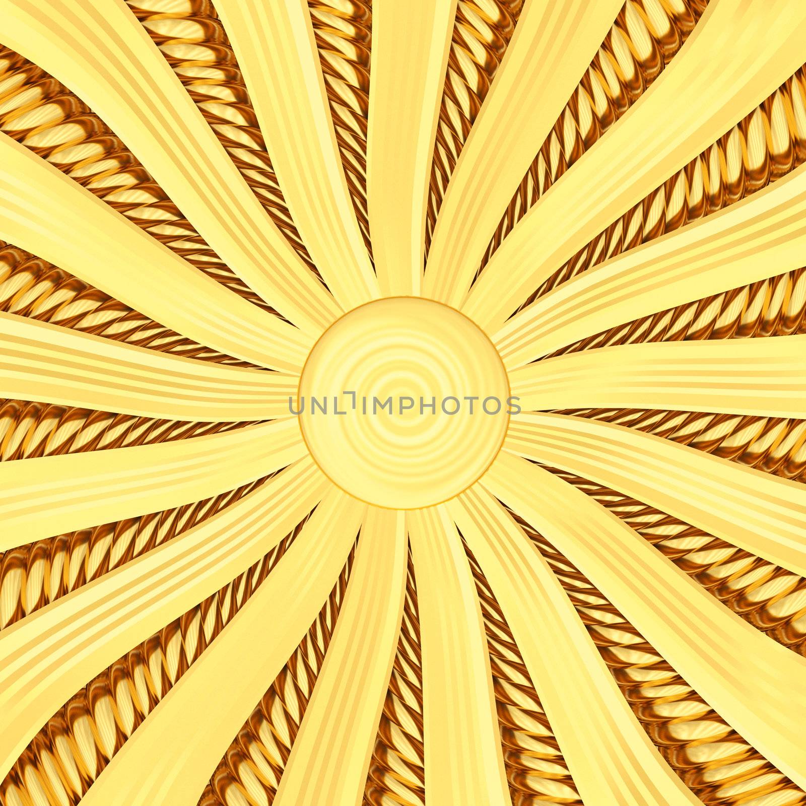 Golden sunburst background with rays and beams. High resolution 3D image