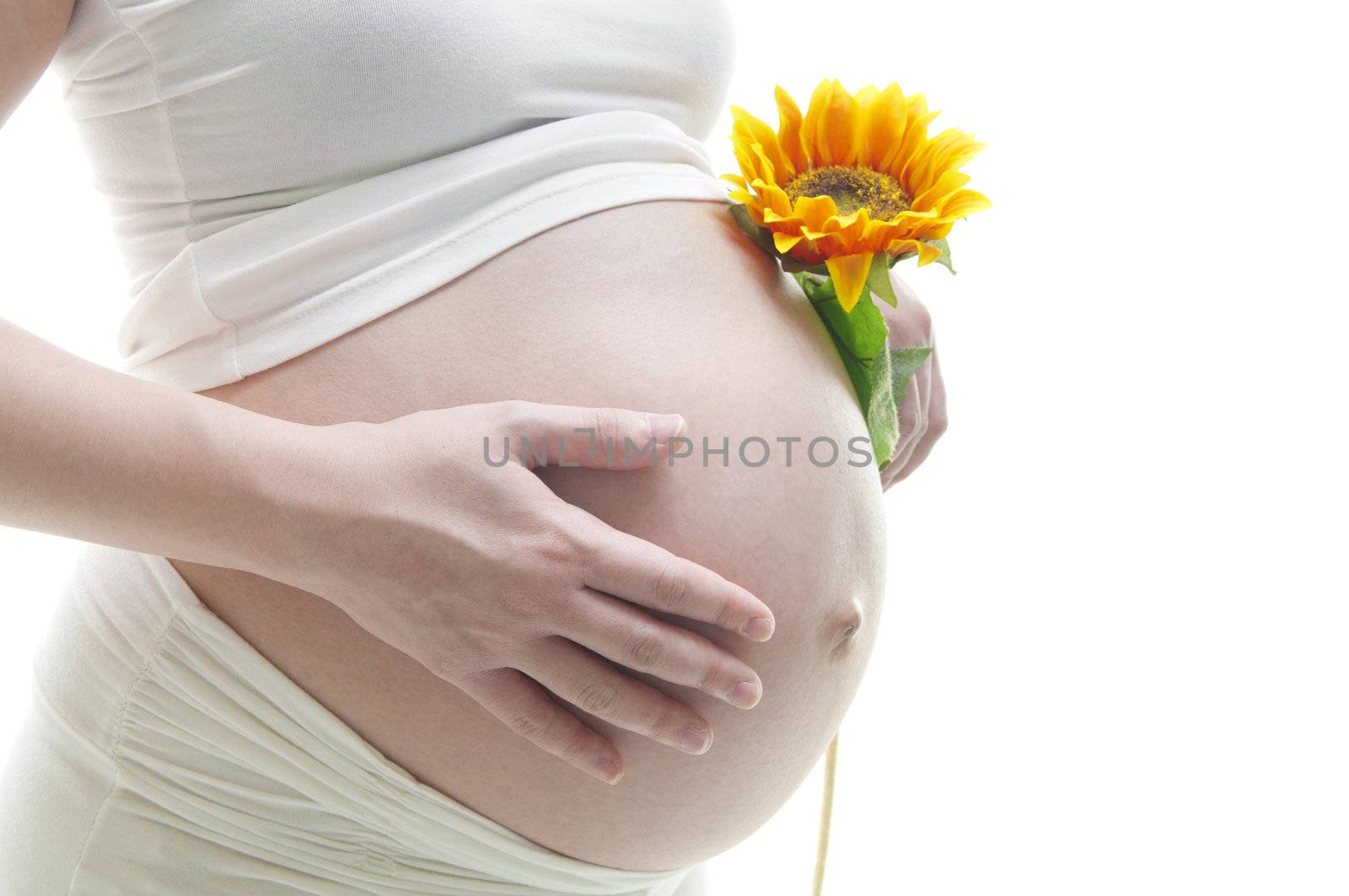 Young Mother holding a sunflower on white background