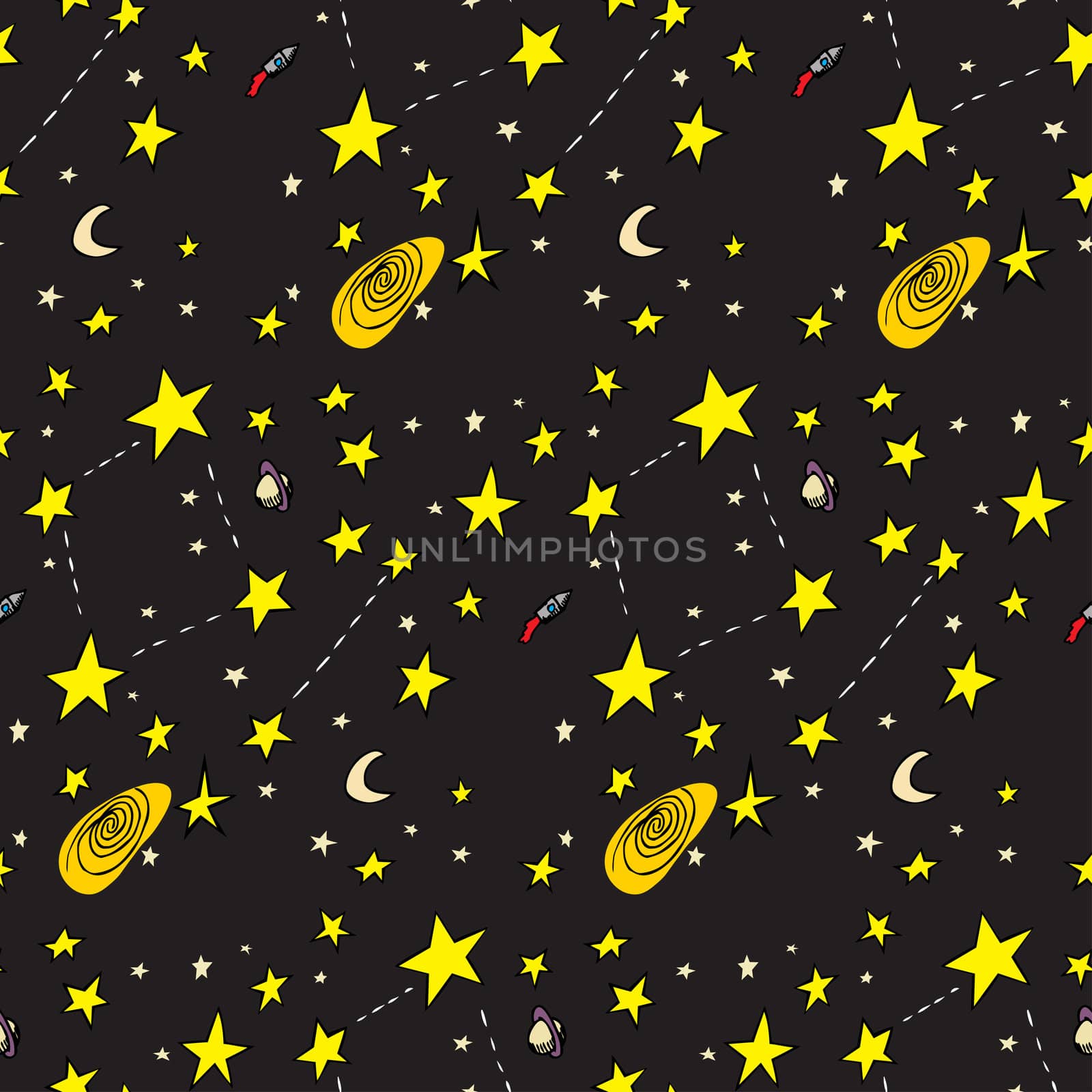 Seamless background of ships, stars, galaxies and moons
