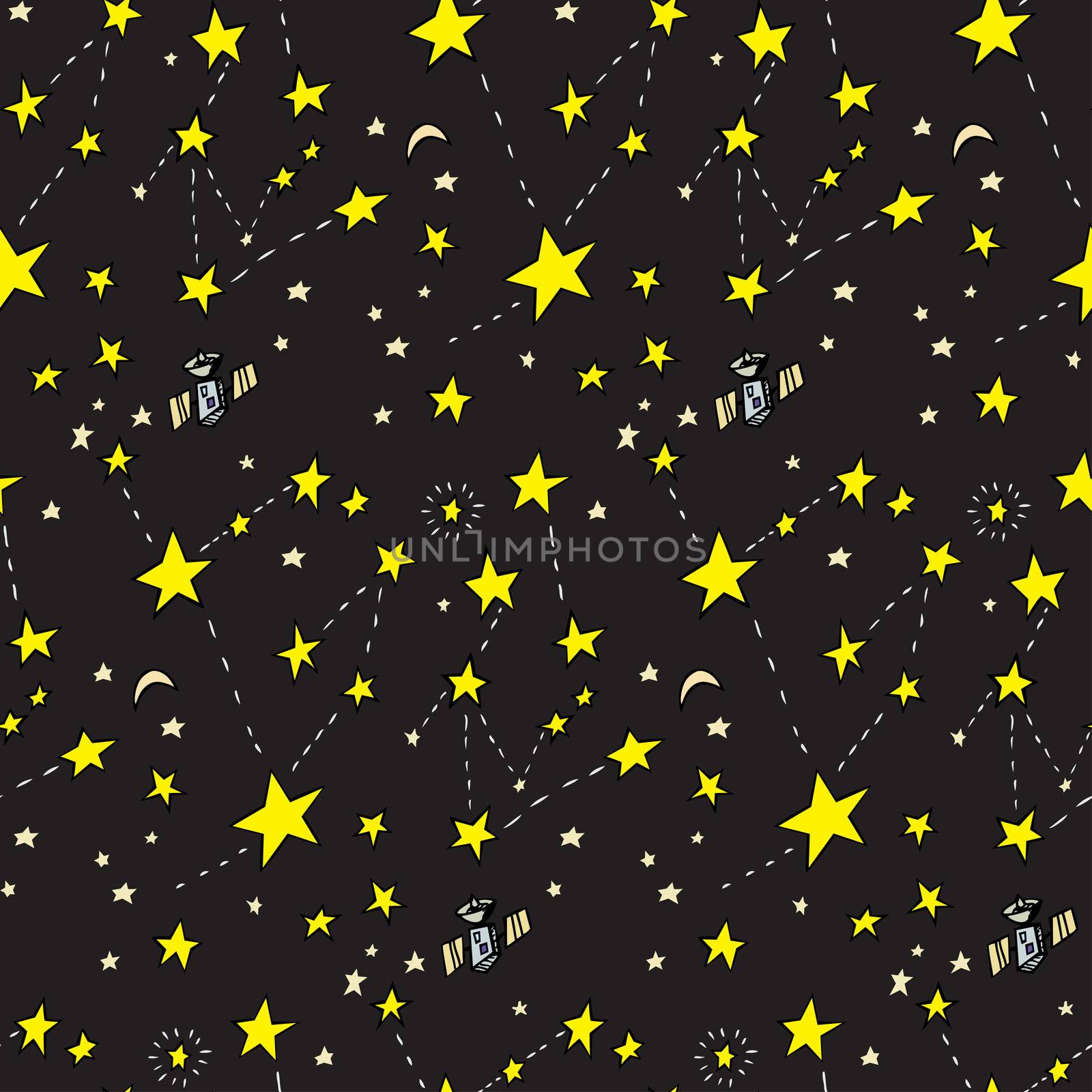 Seamless background of stars, moons and satellites over black