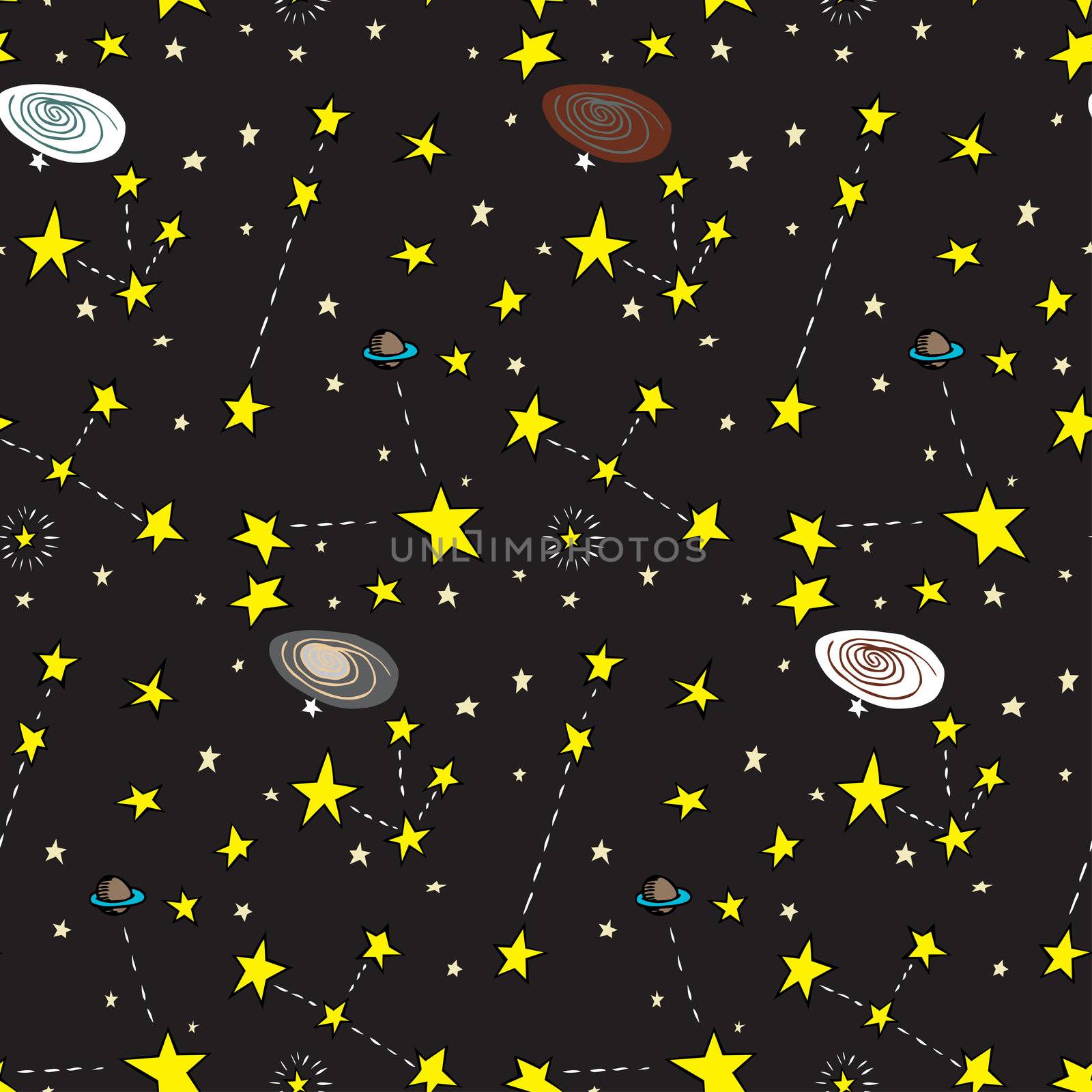 Seamless background of stars, planets and galaxies over black