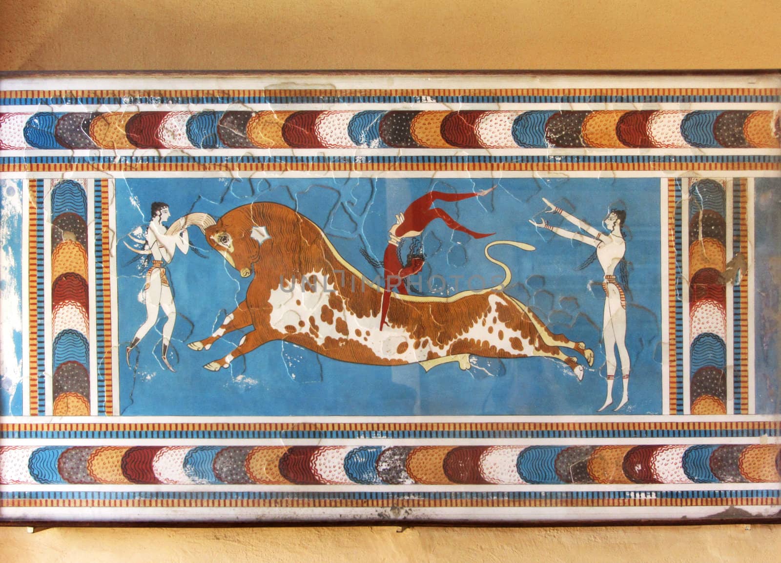 Minoan mural fresco bull fighter ceremony Knossos palace Crete Greece