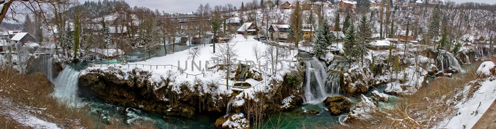 Rastoke waterfalls beautifull winter panorama, Croatia