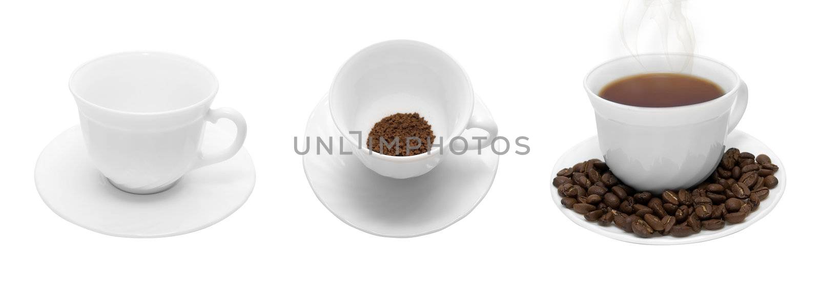 Set of white coffee cup with beans and steam isolated on white