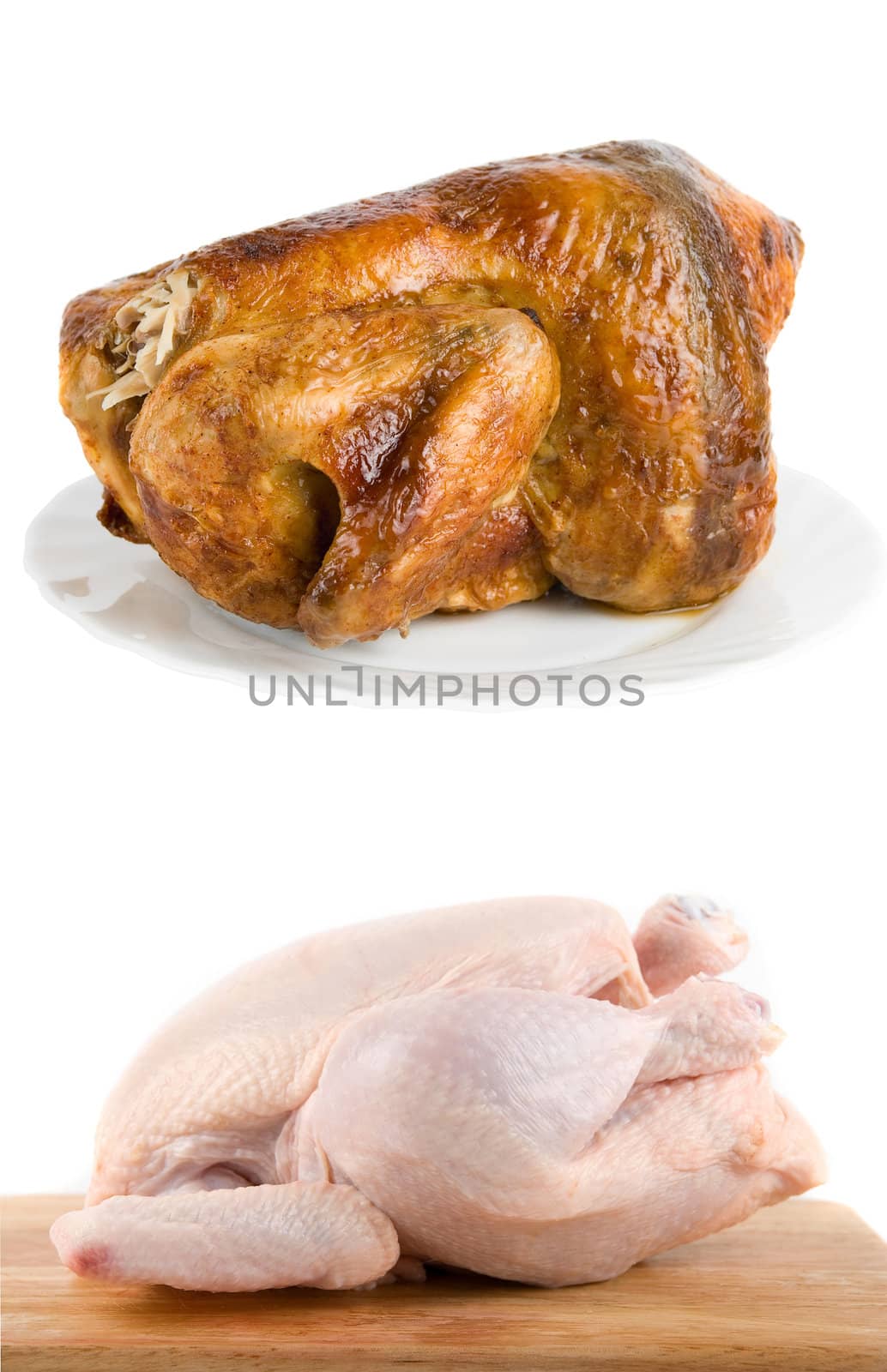 Raw and fried chicken isolated on white background