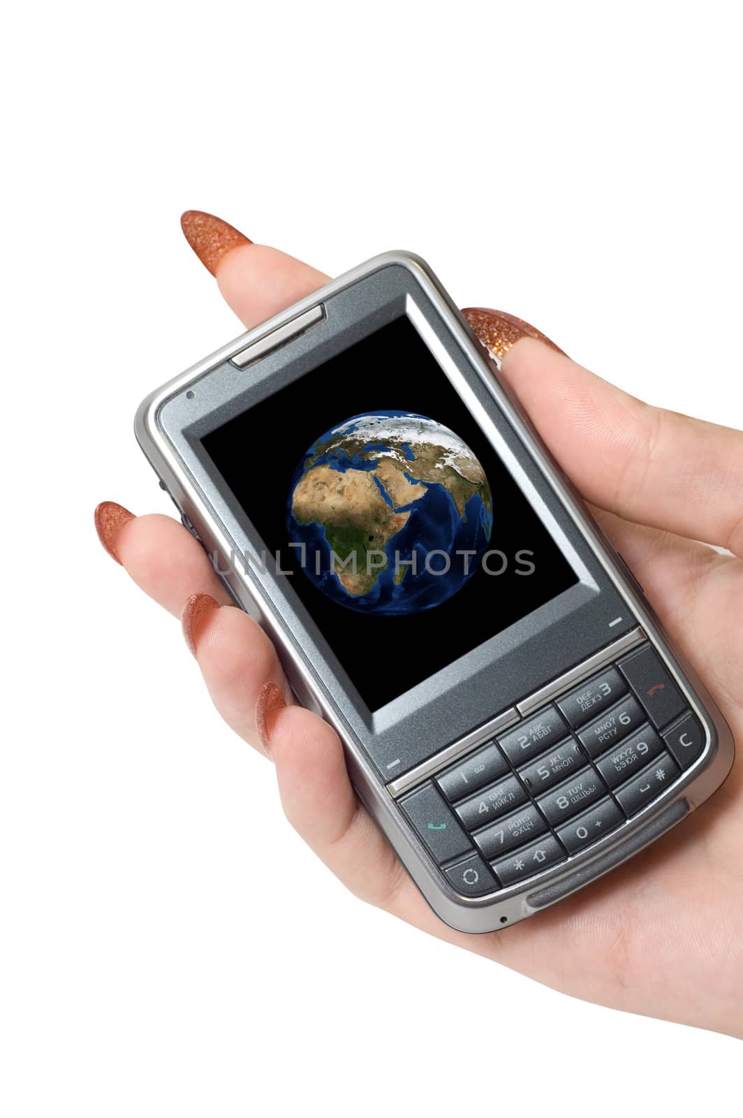 Female hand hold communicator with planet earth at screen.