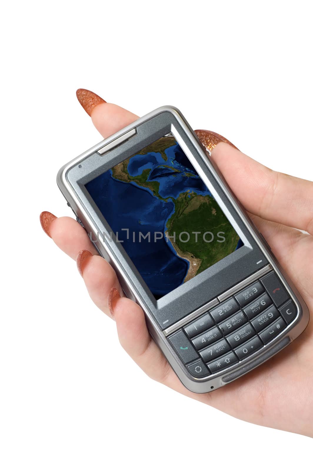 Female hand hold communicator with hearts at screen.