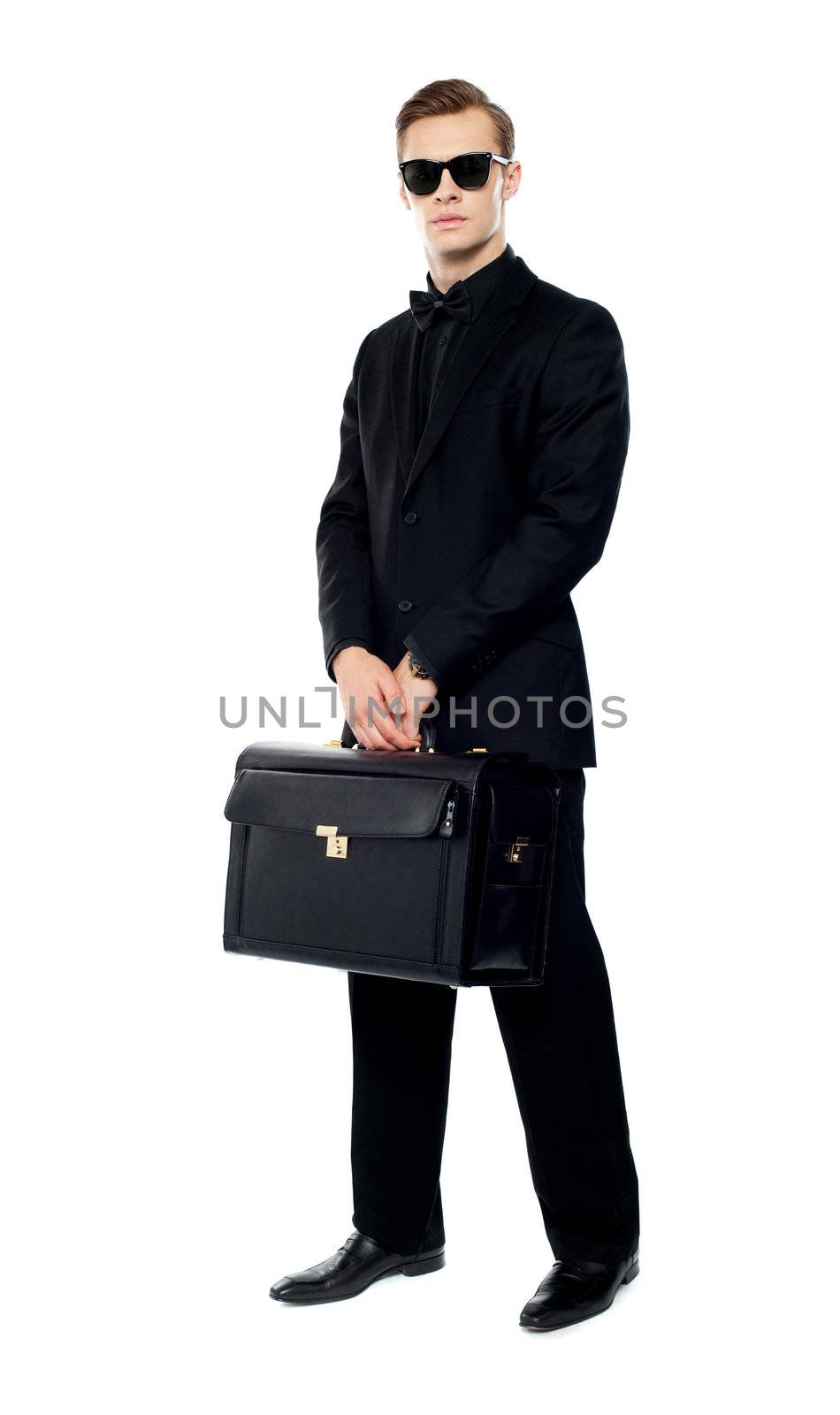 Full length portrait of handsome male with briefcase isolated over white background