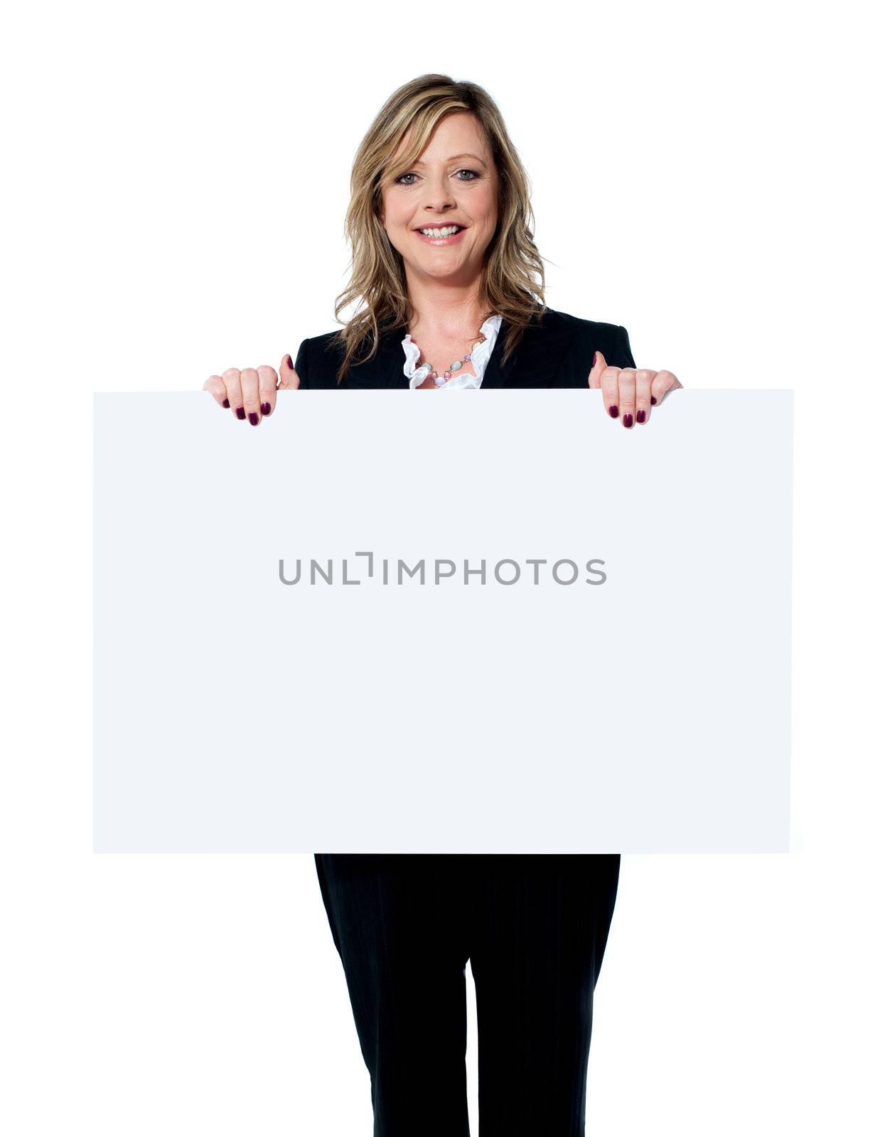 Female executive showing blank advertising board isolated over white background
