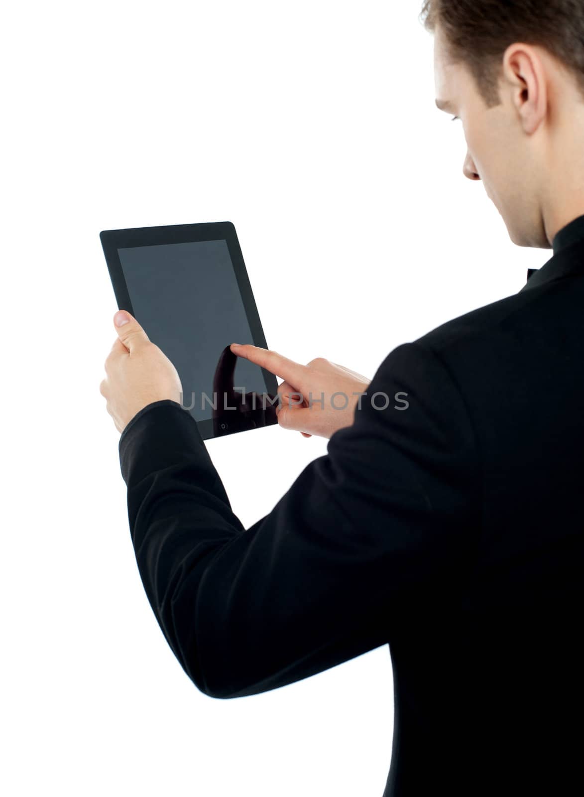 Man holding and pointing at screen of electronic digital frame