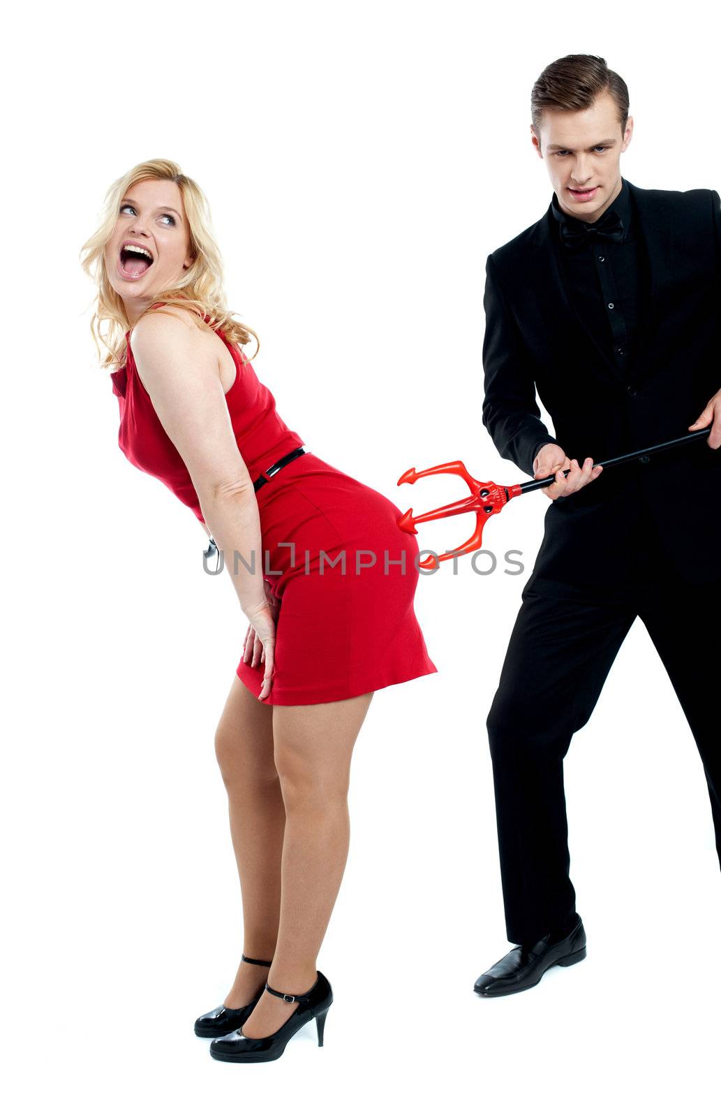 Evil guy poking sensual woman in red. all on white background