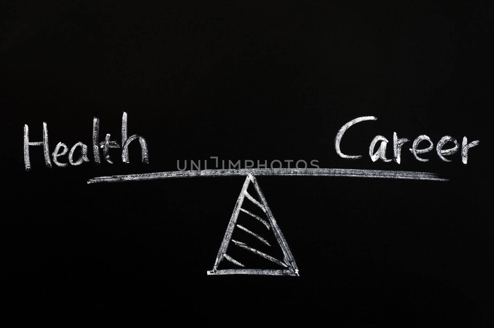 Balance of health and career drawn with white chalk on a blackboard