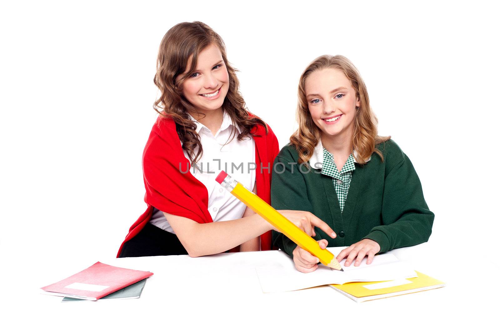 Teenagers studying together and having fun. All on white background