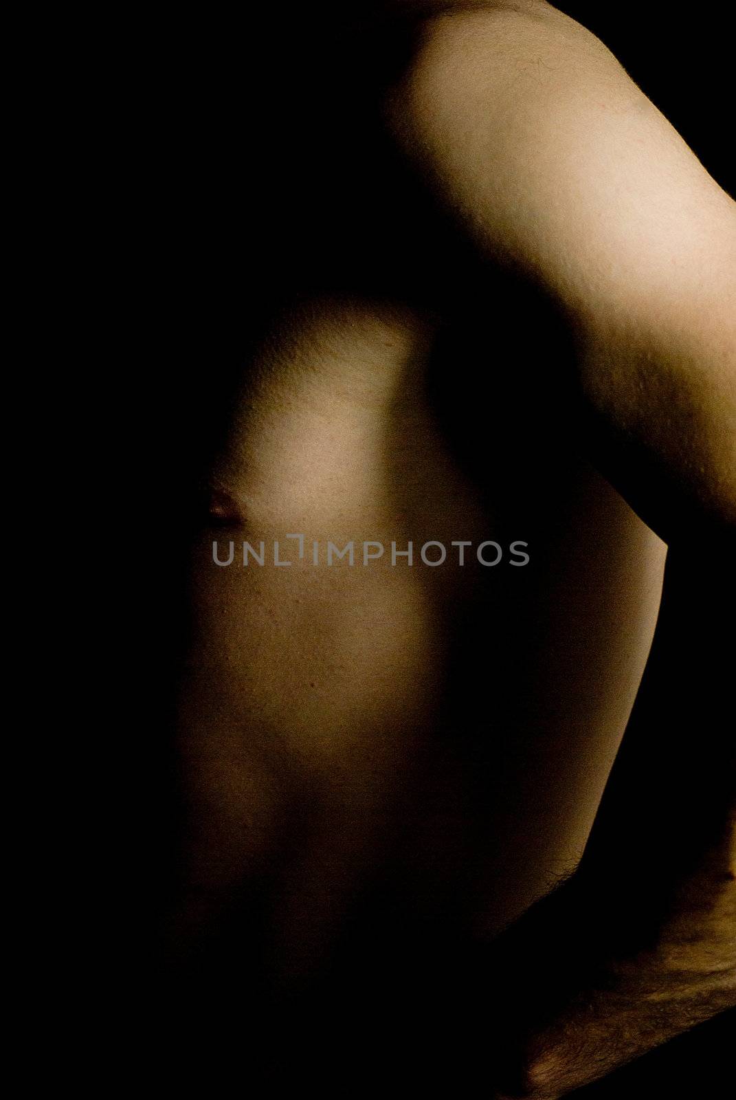 sexy fit naked male body on black background low key