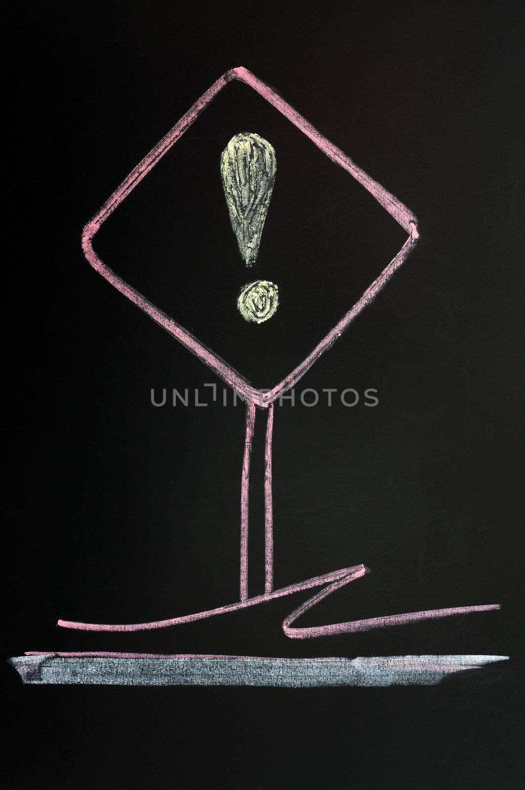 Exclamation mark warning sign drawn with red chalk on a blackboard background