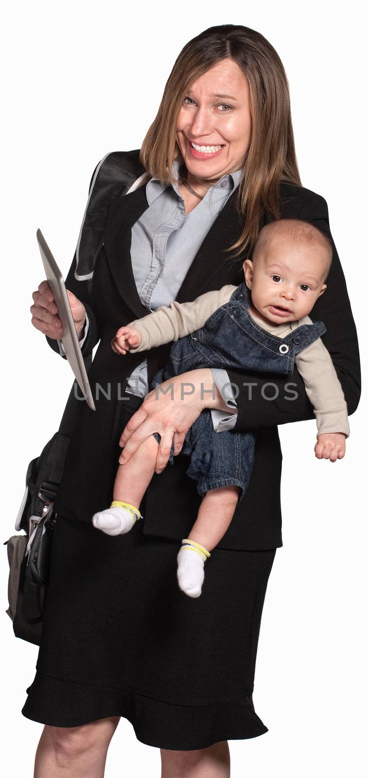 Happy businesswoman with baby over white background