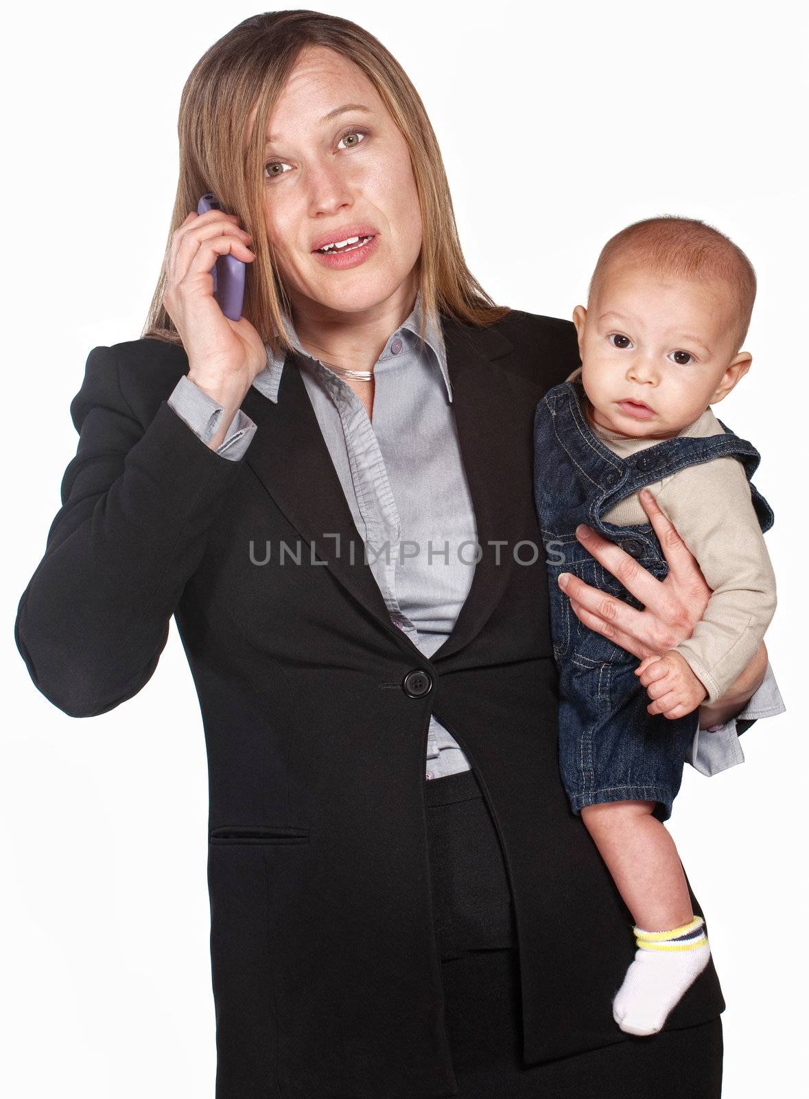 Pretty businesswoman with baby over white background