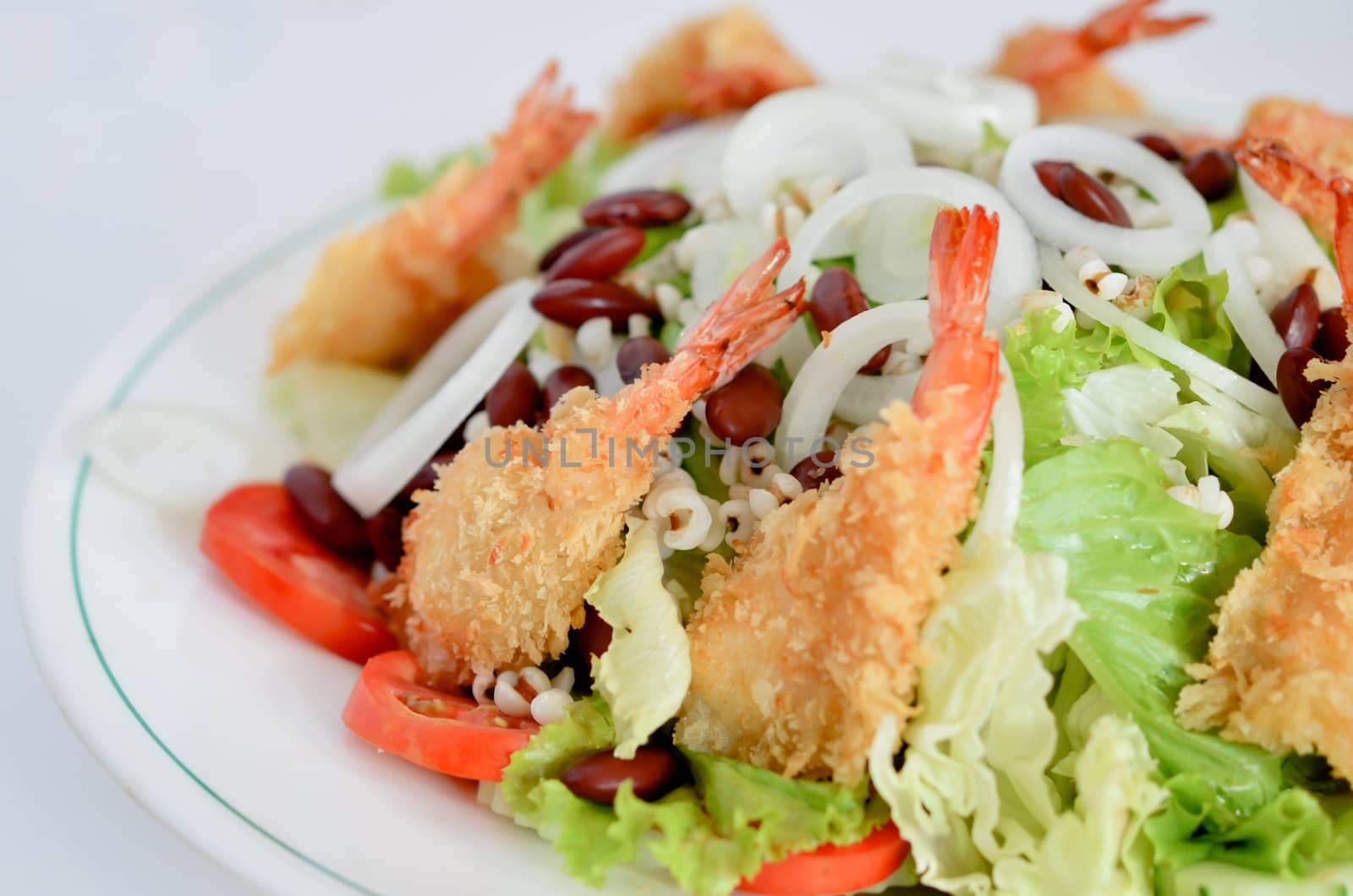 close-up  fried shrimp and  fresh vegetable salad 