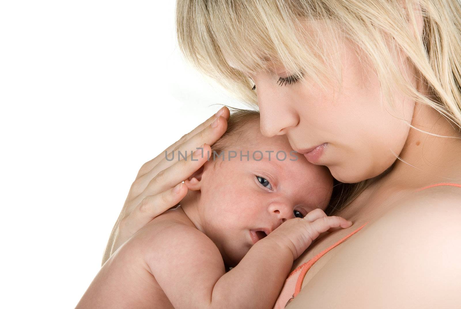 happy mother with her  baby boy isolated on a white