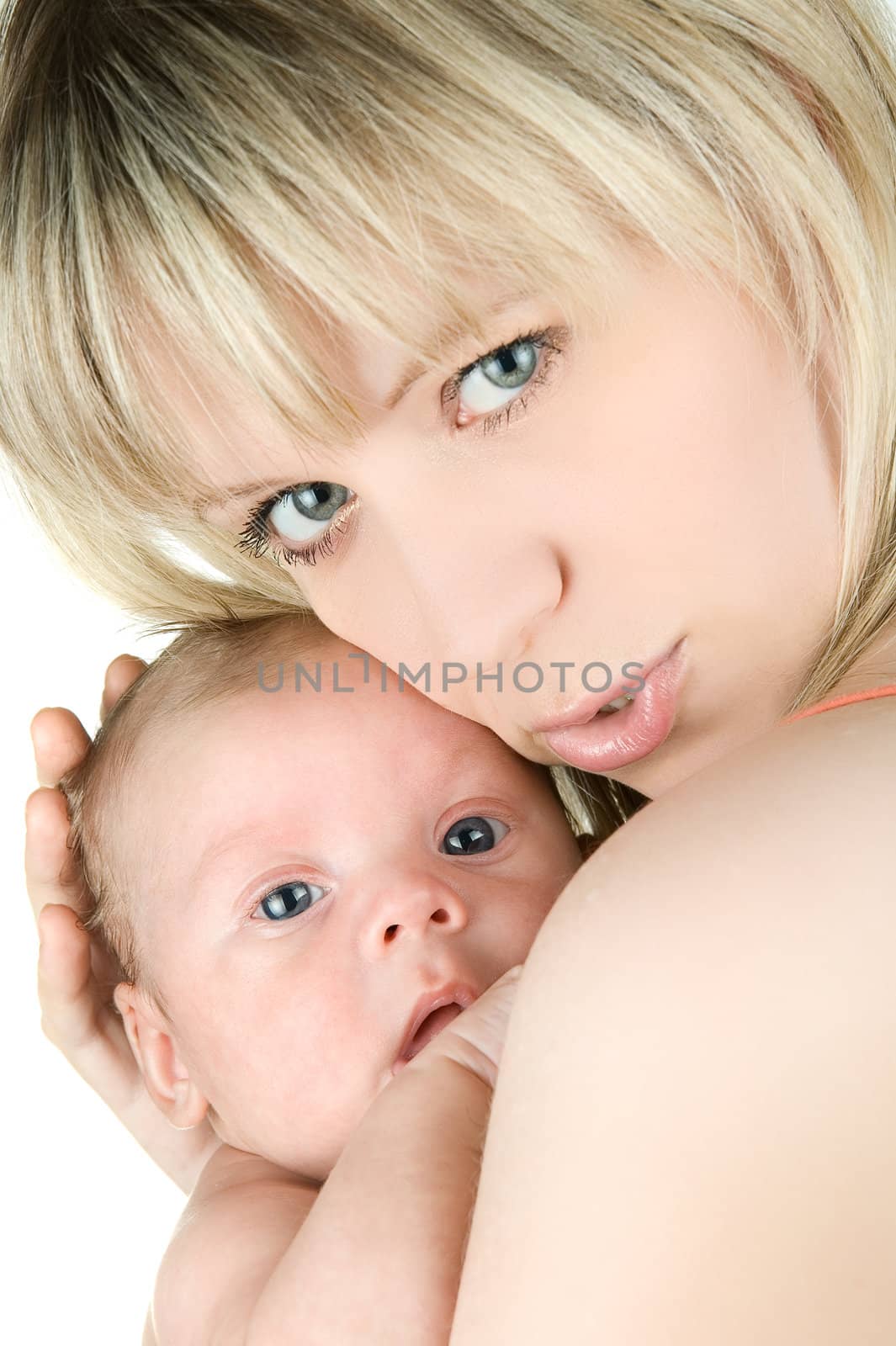 Happy maternity: mother with her  baby boy isolated on a white