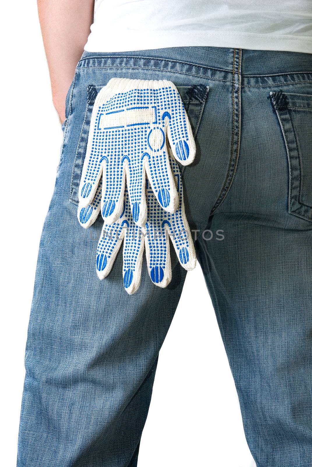 Close up of repairman back isolated on white