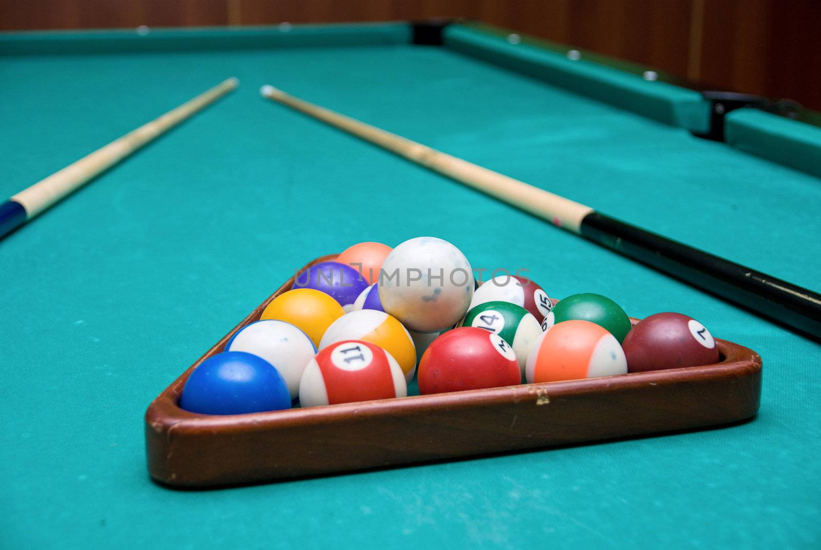 The Pool Billiards balls on a green table
