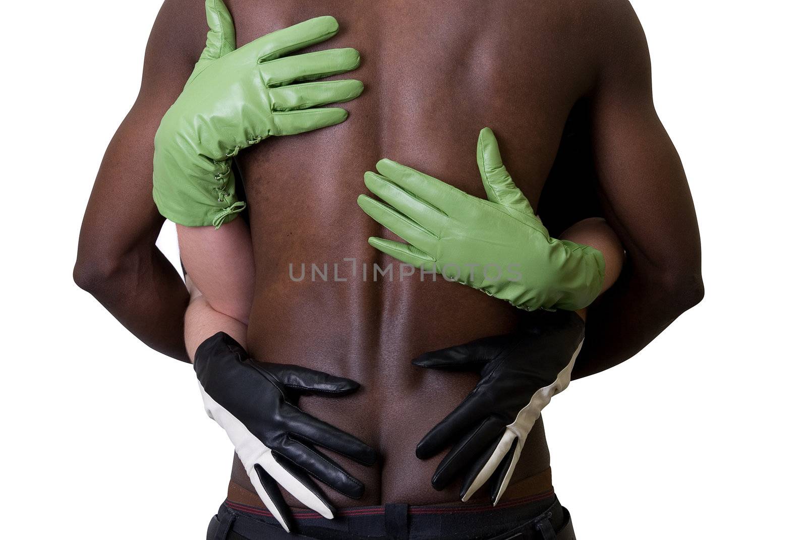 Two girl embrace black man at gloves on white