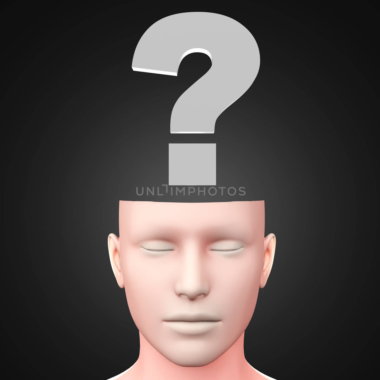 A generic questioning person. Question mark in the head. 3D rendered Illustration.