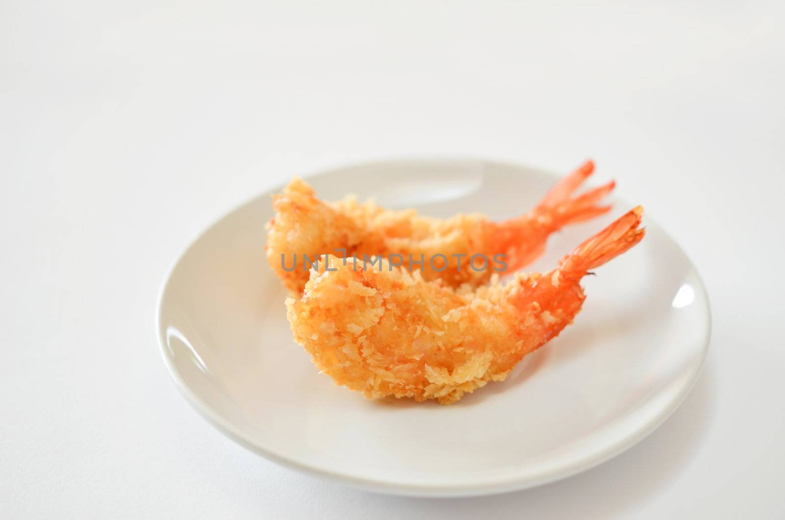 deep fried shrimps on white dish  , Tempura Japanese style food 