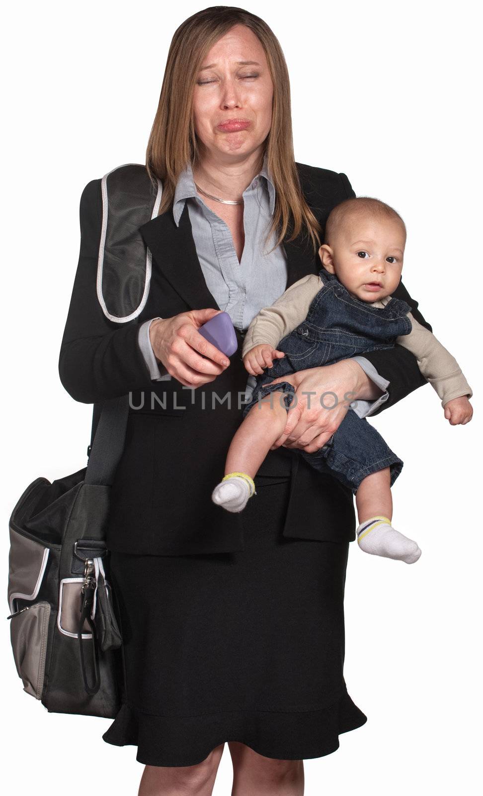 Crying professional lady with phone and baby in arms