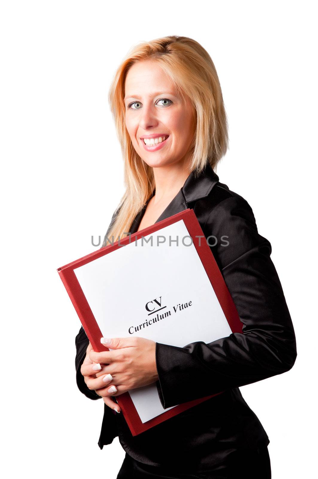 Young businesswoman with a notepad and a curriculum vitae in her arms, looking for a job