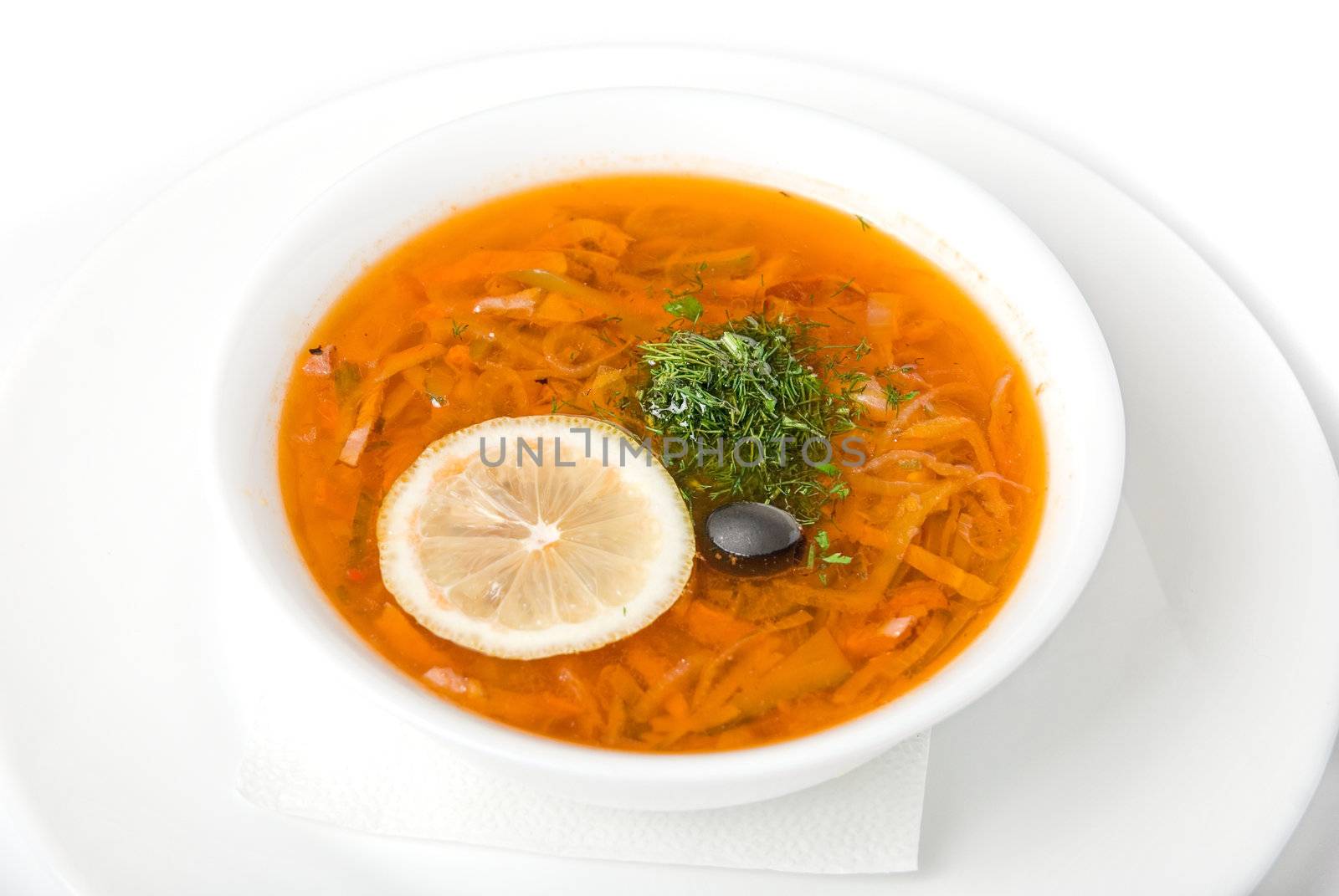 hotchpotch soup dish closeup isolated on white background