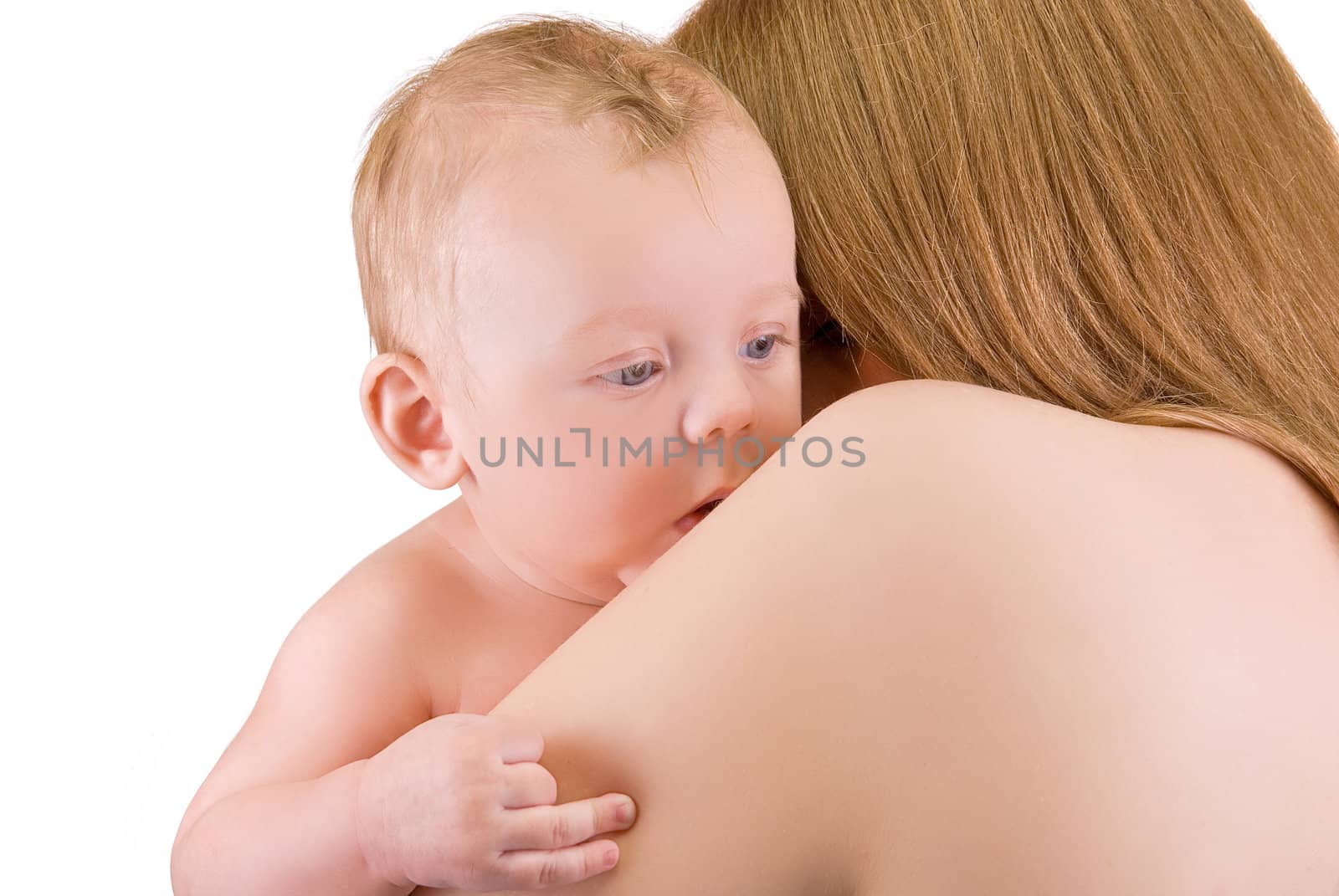 Happy maternity: mother with her  baby boy isolated on a white