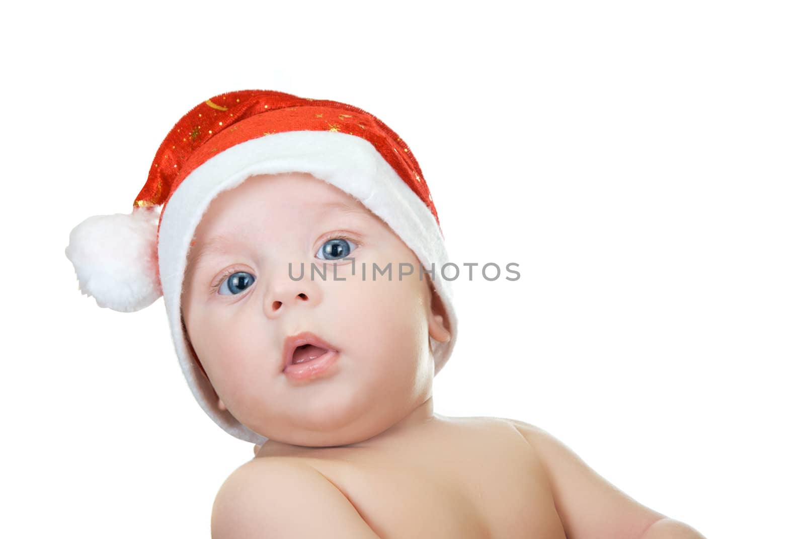 Beautiful santa baby boy on isolated  a white background