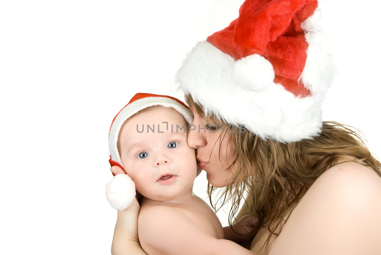 Beautiful mommy santa and her baby Santa boy on a white